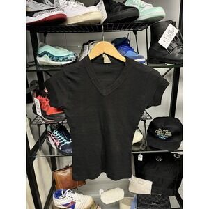 Vintage 1970s Top Half Black Blank V Neck T Shirt Size Medium Made in USA